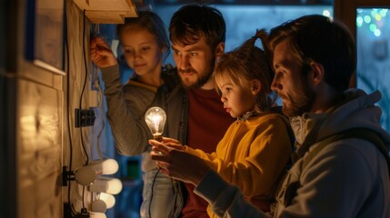 A family of five is gathered around a newly installed light fixture with the youngest child holding the bulb and being guided by the others on how to screw it in properly. - obrazy, fototapety, plakaty