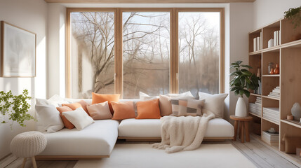 Minimalist sofa interior with large window