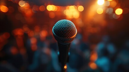 Mic set against a blurred audience, anticipation of a speech hanging in the air - obrazy, fototapety, plakaty