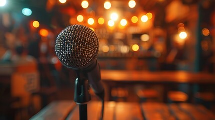 Close-up of microphone awaits speaker at a bustling event venue