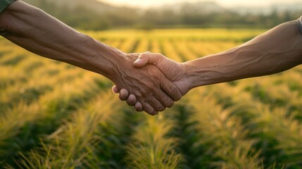 Farmers shake hands over a land agreement, merging tradition and technology