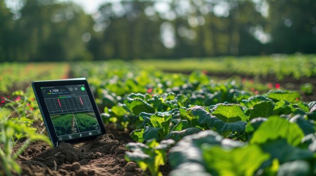 Technology meets agriculture with a tablet displaying live farm statistics