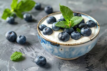 A bowl of creamy yogurt topped with fresh blueberries and mint