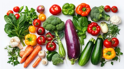 A diverse selection of vibrant fresh vegetables arranged on a white background - obrazy, fototapety, plakaty