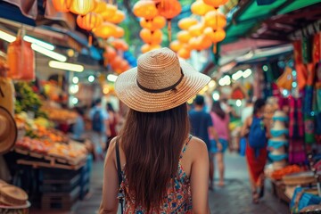 A female traveler with a straw hat walking through the vibrant aisles of a traditional outdoor market.