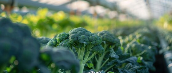 A Fresh broccoli heads growing in a clean sustainable hydroponic farm setup