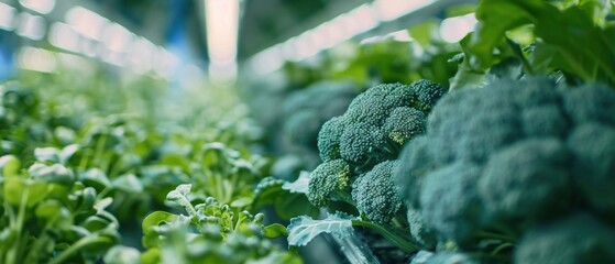 A Fresh broccoli heads growing in a clean sustainable hydroponic farm setup - obrazy, fototapety, plakaty