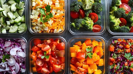 A Rows of meal prep containers filled with colorful and healthy salads ready for the week - obrazy, fototapety, plakaty