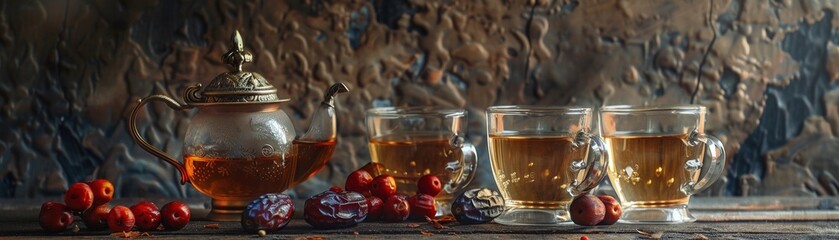 A traditional eastern tea setup with glass cups and dates