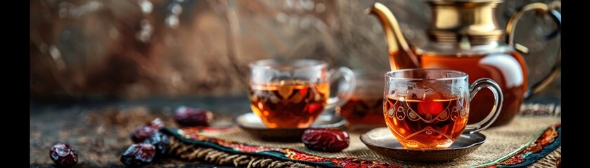 A traditional eastern tea setup with glass cups and dates - obrazy, fototapety, plakaty