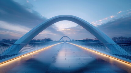 Futuristic bridge becomes a portal of light at the blue hour - obrazy, fototapety, plakaty
