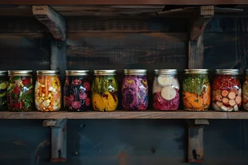 Fotobehang An Assorted pickled vegetables in glass jars lined up on a wooden shelf against a dark background © Creative_Bringer