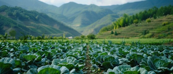 An Expansive green cabbage field flourishing in a scenic mountain valley - obrazy, fototapety, plakaty