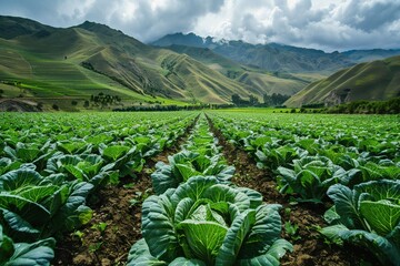 An Expansive green cabbage field flourishing in a scenic mountain valley - obrazy, fototapety, plakaty