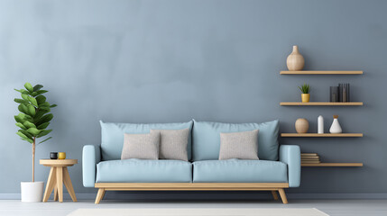Minimalist sofa and shelf interior with empty blue walls