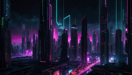 A futuristic city at night. A futuristic cityscape at night. The buildings are tall and sleek, with neon lights and glowing lines running along their sides.  - obrazy, fototapety, plakaty