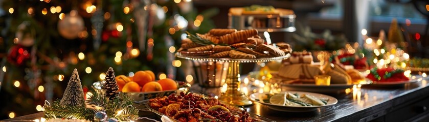 An inviting holiday buffet table adorned with an array of festive dishes and glowing lights creating a warm - obrazy, fototapety, plakaty
