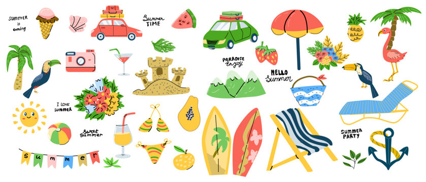 Big summer set of hand drawn elements - car with luggage, umbrella, swimsuit, sun, ball, beach chair, flamingo and tropical birds toucans, anchor, photo camera, tropical fruits.
