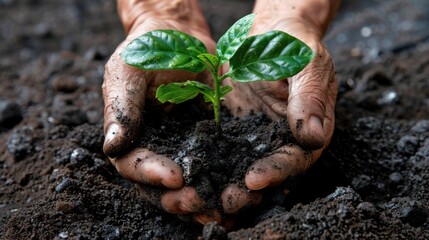 Hands nurture sapling in soil, symbolizing growth and environmental care - obrazy, fototapety, plakaty