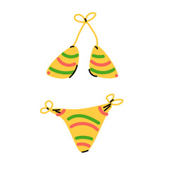 Summer yellow bikini wear vector icon with red, green stripes. Vector illustration isolated