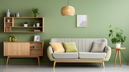 Interior living room with light green wall and shelf.