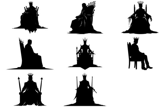 Throne King with Warrior Vector Black Silhouette, king on the throne in ancient castle interior.