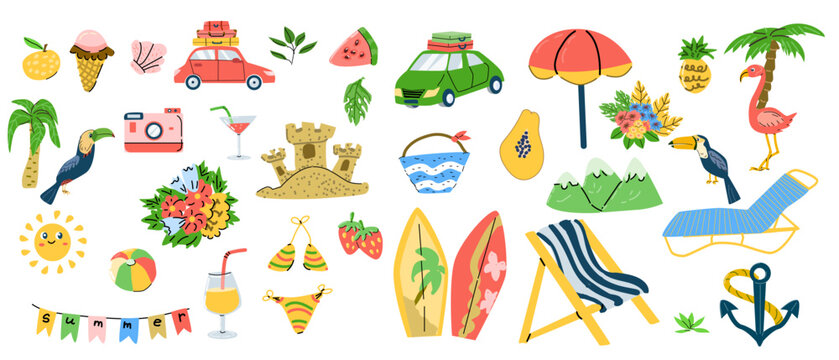 Big summer set of hand drawn items - car with luggage, umbrella, swimsuit, sun, ball, beach chair, flamingo and tropical birds toucans, anchor, photo camera, tropical fruits.