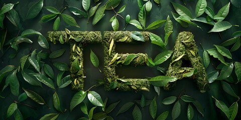 Letter tea from green leaves alphabet ecology and nature lettering concept 
