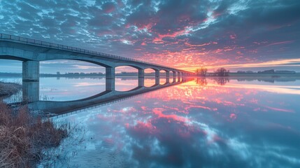 Twilight colors reflect on modern bridge in a perfect loop over calm waters