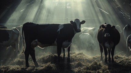 Farm life captured through the eyes of contented cows in their shelter - obrazy, fototapety, plakaty