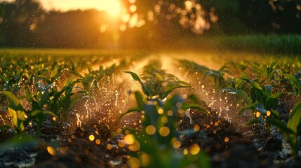 Sprinklers shower young cornfields, capturing the essence of farm life
