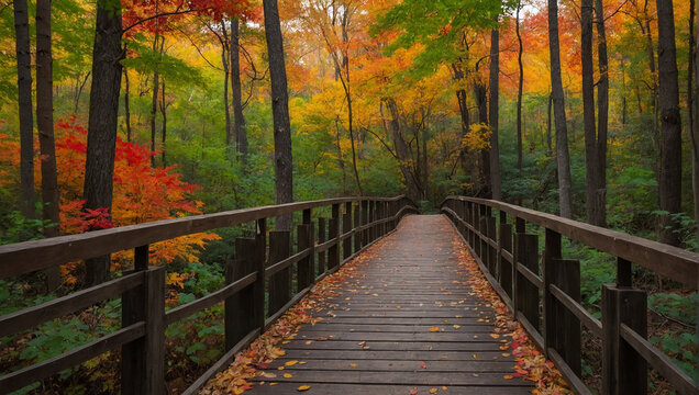 A wooden bridge in a forest with colorful fall leaves.