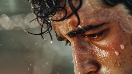 A player wiping sweat away from his face as he listens intently in the huddle.