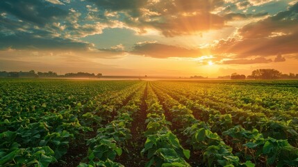 Sunset over farmland as water mists nourish the burgeoning crops - obrazy, fototapety, plakaty