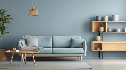 Minimalist sofa and shelf interior with empty blue walls