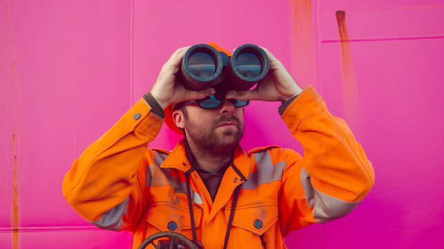 Portrait of a male oil worker in an orange uniform looking through binoculars for offshore vessel. on pink color background professional photography