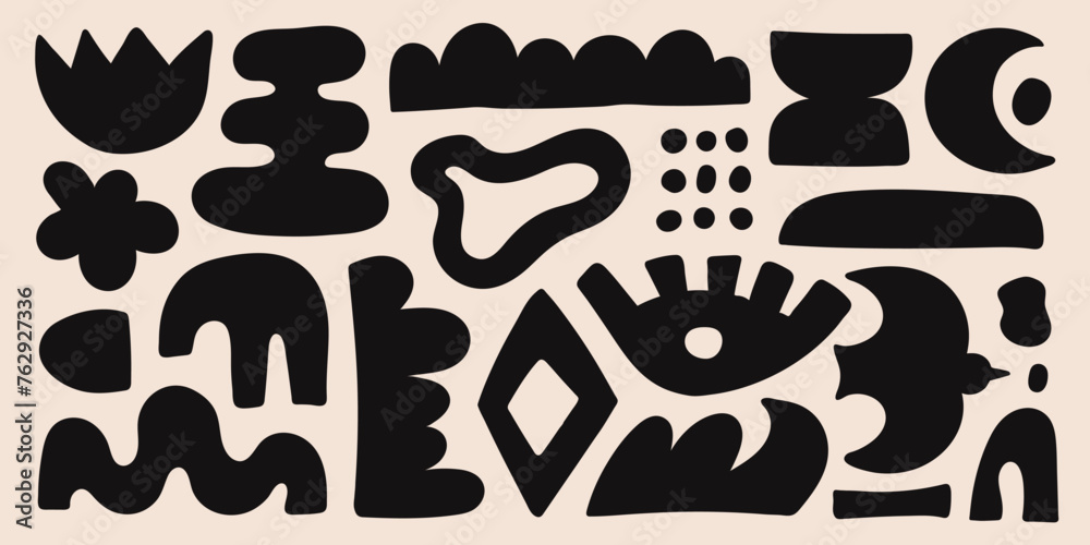 Poster abstract organic shapes with black geometric cutting doodles. trendy random figures isolated on a be