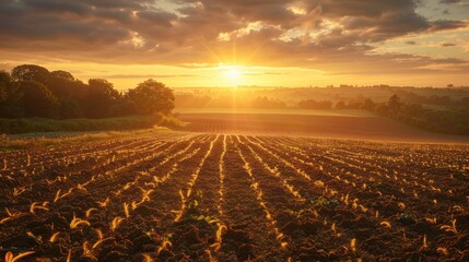 Sunset over farmland as water mists nourish the burgeoning crops - obrazy, fototapety, plakaty
