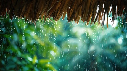 Thatch roof drips rainwater in a tropical downpour, blurring the greenery behind - obrazy, fototapety, plakaty