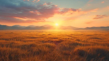 Zelfklevend Fotobehang Serene landscape rolls into the distance under a warm sunrise © Lena