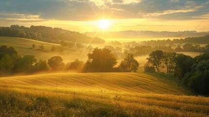 Early morning light bathes patchwork farmland in golden hues - obrazy, fototapety, plakaty