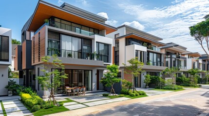 Fototapeta premium Modern townhouses boast eco-friendly design with lush rooftop gardens