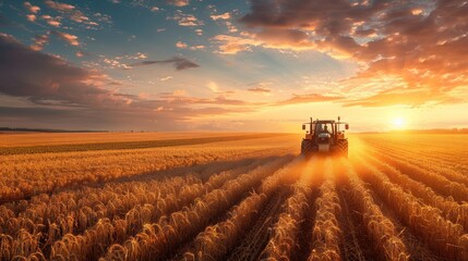 Agriculture machinery hydrates crops with a burst of water at golden hour