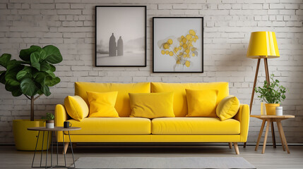 Living room interior yellow sofa facing wall with frame.
