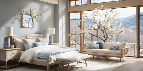 Frame mockup in cozy beige Japandi bedroom interior