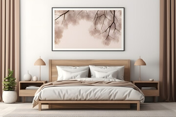 Frame mockup in cozy beige Japandi bedroom interior, 3d render