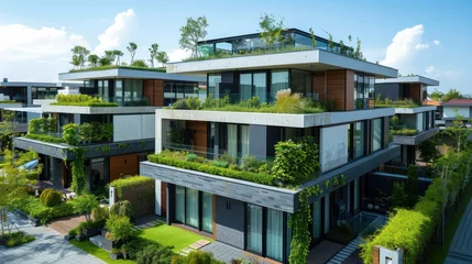 Aluminium Prints Garden Modern townhouses boast eco-friendly design with lush rooftop gardens