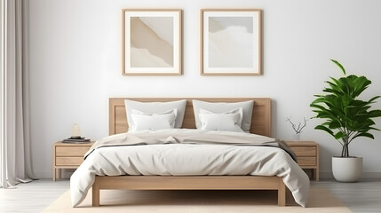 Fototapeta na wymiar Frame mockup in cozy beige Japandi bedroom interior, 3d render