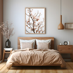Frame mockup in cozy beige Japandi bedroom interior, 3d render