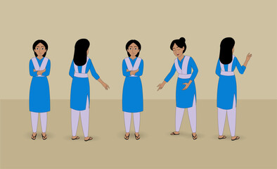 Obraz premium A series of vector illustrations of a woman with long black hair set of bangladeshi school girls